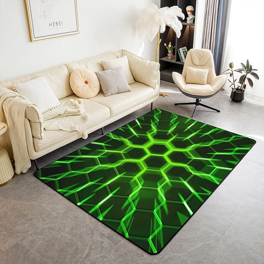 Geometric Area Rug 5'x6'6'', Honeycomb Rug for Teens, Modern Abstract Beehive Carpet for Playroom Dorm, Green Ombre Geometry Black Neon Hexagon Non Shedding Decorative Rug