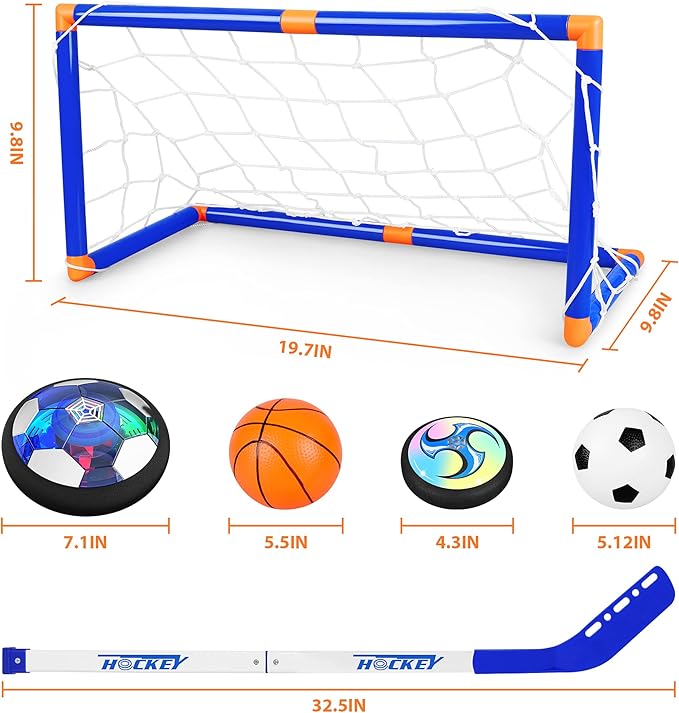 Hover Hockey Set for Kids, 3-in-1 Hover Hockey Soccer Ball Toy Set, Rechargeable Floating Air Soccer Hockey Ball with Led Light, Indoor Outdoor Sports Game Toy Gifts for 3 4 5 6 7 8+ 12 Years Boy Girl