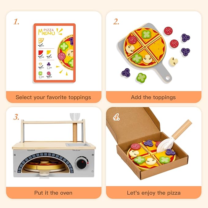 Wooden Pizza Toy Kids Pizza Counter Playset, Montessori Pretend Play Kitchen Accessories with Toy Food, Bake Oven, Role Play Set for 3 4 5 6 Year Old Boys Girls