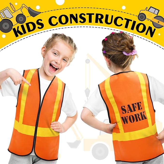 Bokon 24 Pcs Kids Construction Vest Kids Orange Safety Vest Children Construction Dressing Up Supplies for Construction Worker Costume Role Play Construction Party Birthday Party Supplies
