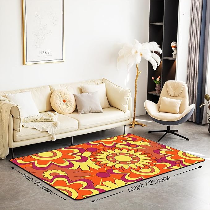 Erosebridal Groovy Decorative Rug 5x7 Retro Hippie Flower Area Rug Aesthetic Psychedelic Floral Carpet for Kids Girls Boys,Boho Natural Garden Botanical 60S 70S Non Slip Rug