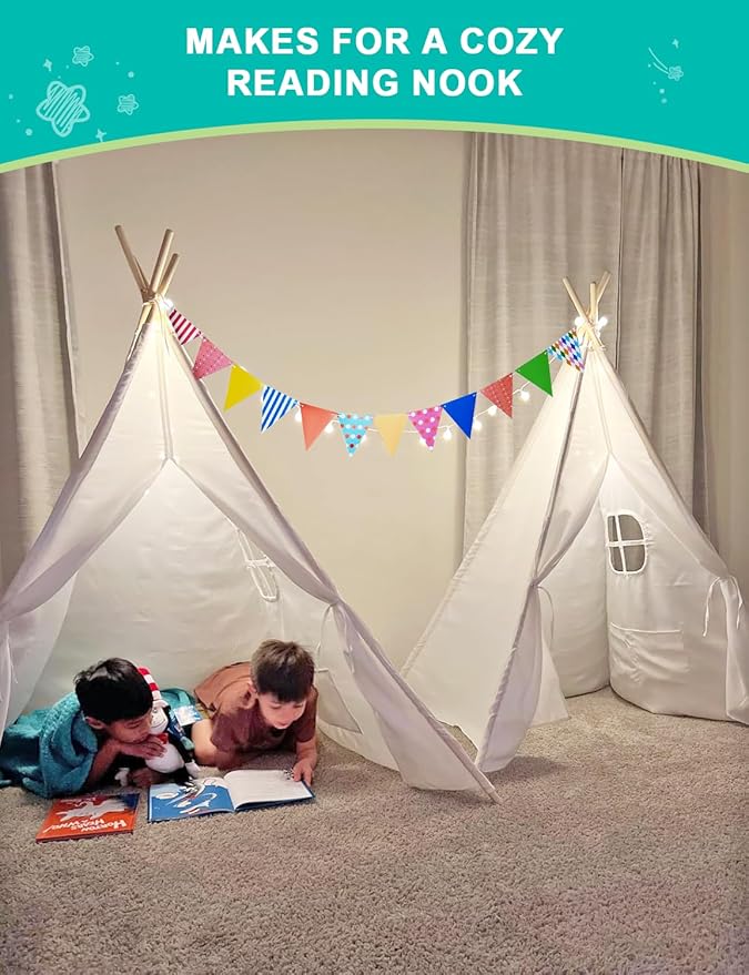 Teepee Tent for Kids Slumber Party 2 Pack: Star Lights & Colored Flag - Indoor Outdoor Toddler Play Tent for Girls Boys Birthday Gifts Sleepover Party (White)