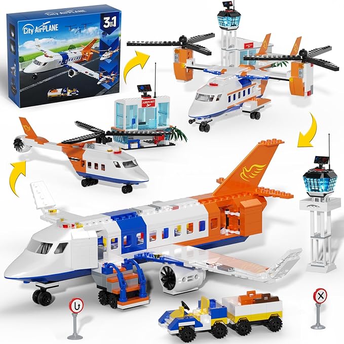 City Plane Building Set, Transport Plane, Helicopter Passenger Airplane 3 in 1 Building Toys with Luggage Trailer, Terminal, Radar Tower, Planes Model for Adults Boys Girls Age 8-12+