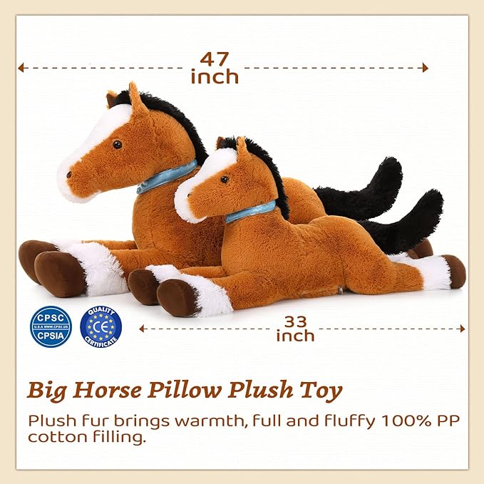 MaoGoLan Large Horse Plush Stuffed Animal, Big Horse Plush Toy, Stuffed Foal Toy, Ridable Pony Plush Pillow for Kids Girls 33 inches Tan
