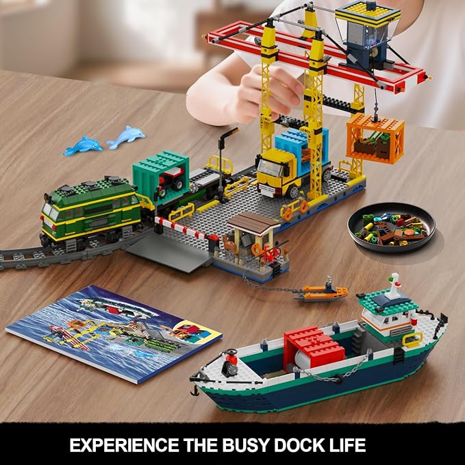 HOGOKIDS City Wharf Building Set with Crane - Includes Ship Train Truck, 4 Containers with Cargo Harbor Building Blocks | Large Construction Toy for for Adults Teens Kids Girls Boys 8-14+（1373PCS）