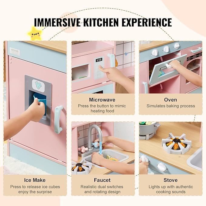VEVOR Wooden Play Kitchen Toy, Play Kitchen for Kids with Lights and Sounds, Toddler Kitchen with Ice Maker, Oven, Sink, Microwaves, Fridge and Utensil and Fruit Accessory for Toddlers Ages 3-8, Pink