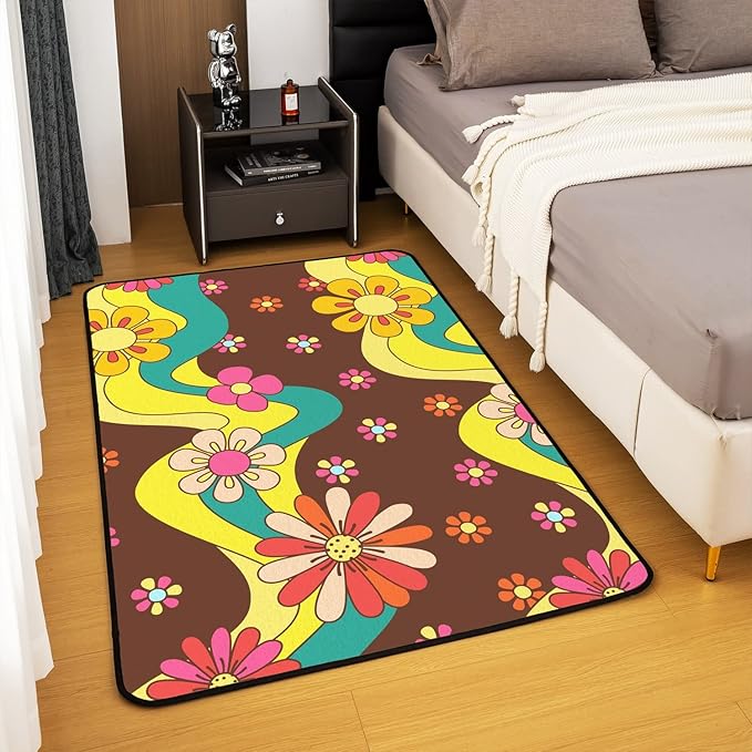 Erosebridal 70S Groovy Flowers Area Rug 5x7 Psychedelic Hippie Flower Carpet Groovy Floral Decorative Rug for Kids Girls Teen,Cute Boho Wavy Aesthetic Non Shedding Indoor Floor Mat