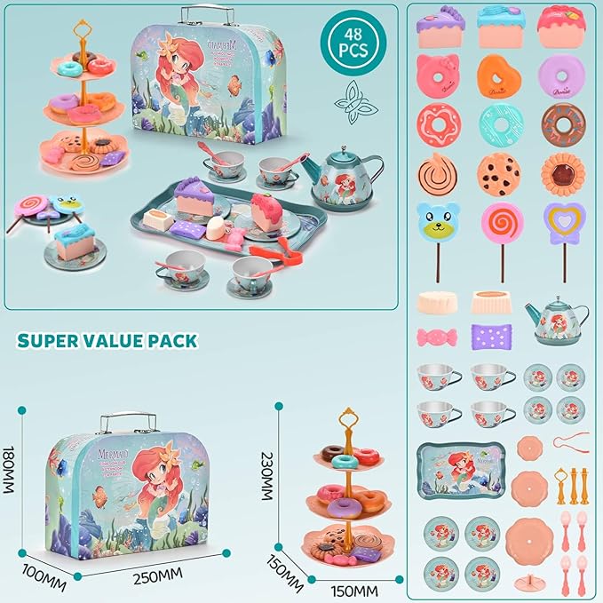 Mermaid Tea Party Set for Little Girls,Birthday Gifts for Age 3 4 5 6 Year Old Girls,Pretend Tin Teapot, Cups, Plates,and Food Sweet Treats Playset for Princess Tea Time Play Kitchen Toys