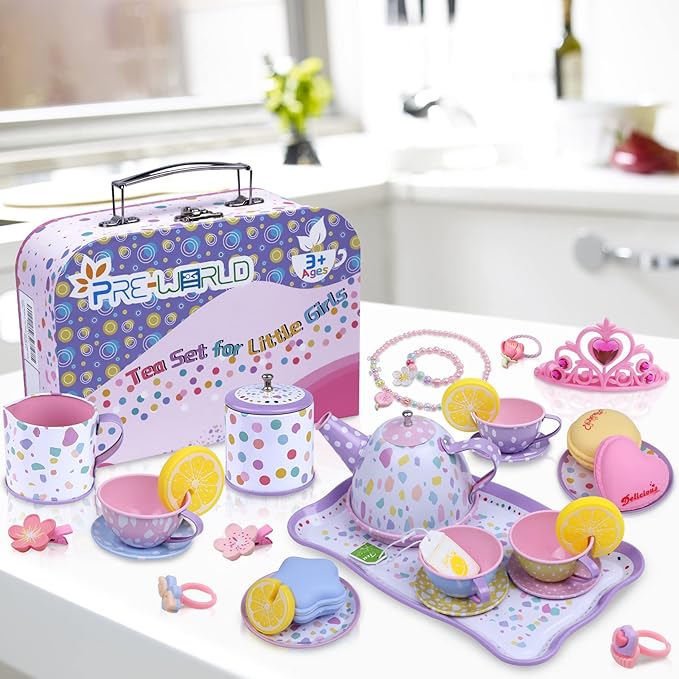 Tea Party Set for Little Girls,PRE-WORLD Princess Tea Time Toy with Food Sweet Treats Playsets,Dress Up Accessories Cloak Necklace Bracelet Jewelry Set, Kids Kitchen Pretend Play for Girls Age 3-6