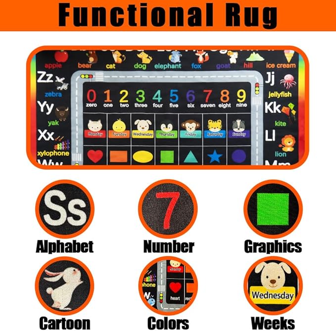 ABC Carpet,Kids Carpet for Playroom, Floor Play Mat for Kids,Preschool Rugs wtih ABC, Numbers, Animals (3' 3" x 4', Black)