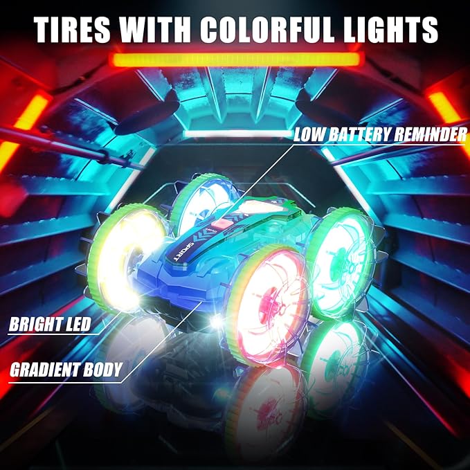 Amphibious Remote Control Car, 4WD Waterproof RC Stunt Car Toys with LED Lights, 360°Rotation RC Boat Water Beach Pool Toys for Boys, Christmas Birthday Gifts Toys for Kid Ages 4-7 8-12 Year Old