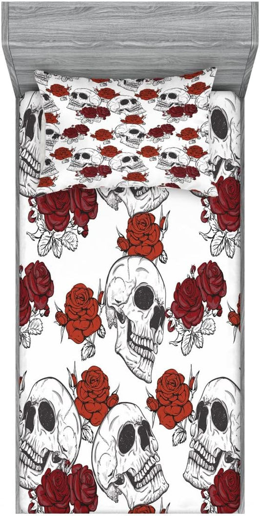 Ambesonne Halloween 2 Pack Fitted Sheet & Pillow Sham Set, Roses Gothic Skull, 4 Pcs Bedding Decor, Package Contains 2 Twin Size Fitted Sheets & 2 Pillow Covers, Grey