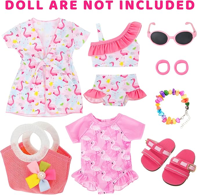 UNICORN ELEMENT 10 Pcs 18 Inch Doll Clothes and Accessories, American 18 Inch Girl Dolls Swimsuits Beach Themed Playsets for 18” Dolls Including Doll Swimsiut, Bag, Sunglasses, Shoes, Necklaces
