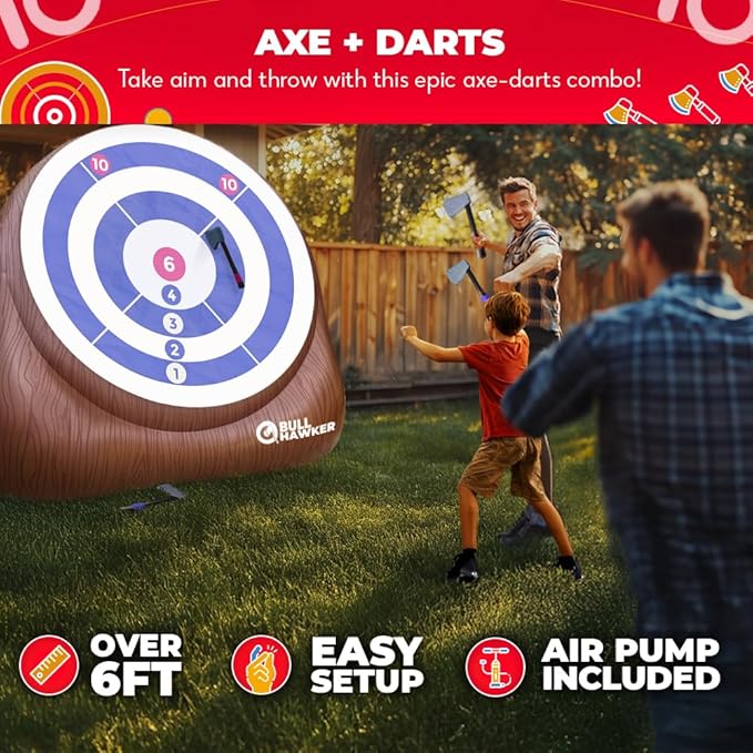 SWOOC Games - Bull Hawker™ | Giant Axe Darts (Over 6ft Tall) w/ 15+ Games | Axe Throwing Game for Backyard w/Air Pump | Outdoor Games for Adults and Family | Carnival Games | Throwing Axe Yard Games