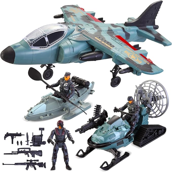 JOYIN Military Toy Set, Airplane, Role Play Fighter Jet with Soliders, Army Men Action Figures, Snowmobile, Kayak Boat, Army Toys for Boys Age 4-7, Kids Birthday Easter Presents