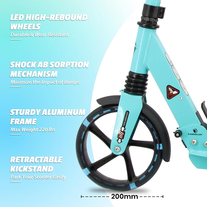 Scooter for Kids Ages 8+ Teens & Adults, Lightweight Kick Scooter with Carry Strap Adjustable Height Equipped with Front handbrake and Rear Brake, Big Sturdy PU Flash Wheels Great Gift & Toy