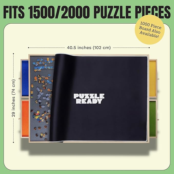 Puzzle Ready Puzzle Board with Drawers & Cover Mat - 1500-Piece Wooden Jigsaw Table - 37" X 28" Portable Board with Lazy Susan for Puzzlers - Colorful Puzzle Table Trays for Sorting