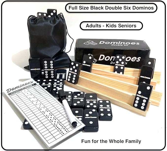 Double Six Dominoes Large Size Full Set Comes with Score pad & Pen 4 pcs Wooden Domino Racks and Black Dominos Bag Adults Kids Seniors Black Color (01)