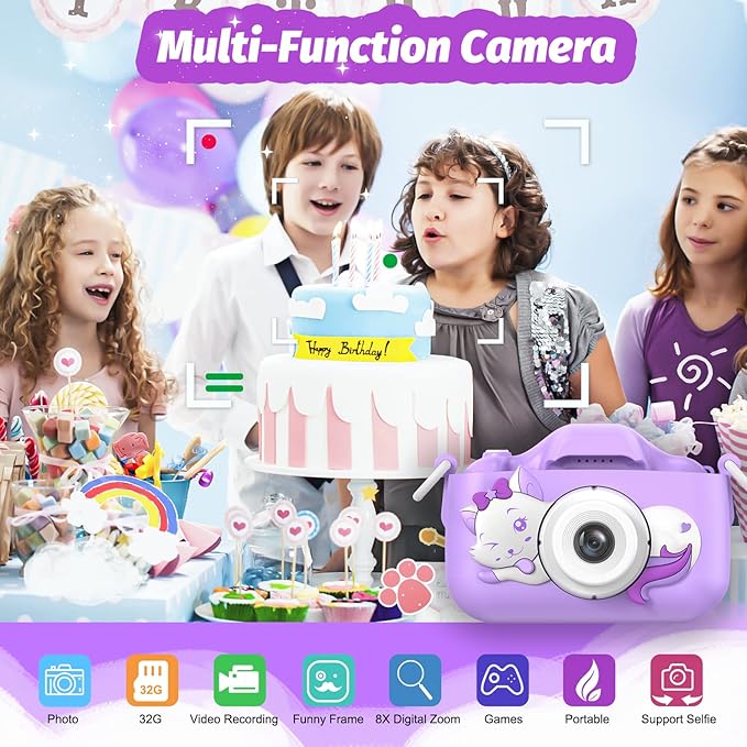 Kids Camera Toys Gifts for Boys Girls, Selfie HD Digital Video Shockproof Camcorder, Christmas Birthday 3 4 5 6 7 8 9 Years Old Girls - 32GB SD Card Included