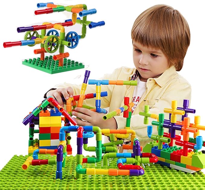 burgkidz 426 Pieces Toy Pipe, Creative STEM Tube Locks Construction with Wheels and Mini Baseplate, Interlocking Educational Sensory Kit, Preschool Learning Toys for Boy and Girls Ages 3+