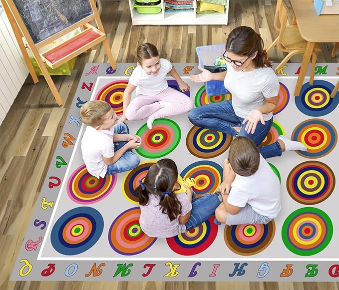 HUAHOO Small Classroom Rug Elementary Preschool Learning Carpet Seating Rug for Kids Room with Non-Slip Backing, 5' x 7'6", Rainbow Circles Gray
