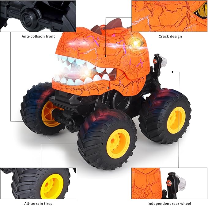 Dinosaur Remote Control Car, Monster Truck Toys with Spray, Light & Sound, 2.4GHz All Terrain RC Cars for Boys Age 4-7, Birthday Gifts for Kids 3-5 6 7 8-12