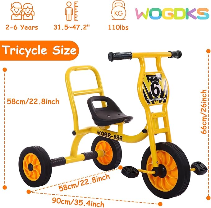 Big Wheel Tricycle for Kids Ages 2-6, Preschool Kids Trike Outdoor Playground Pedal Bike with Adjustable Seat, Inflation-Free Rubber Wheels and Carbon Steel Frame