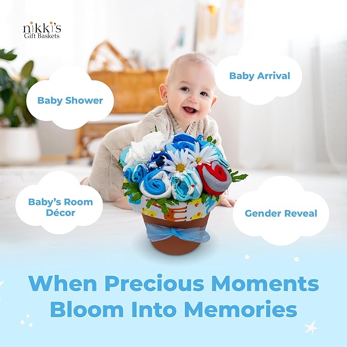 Baby Boy Clothing Flower Bouquet | Newborn Baby Boy Gift Basket with Baby Clothing Arranged Like Celebration Flowers, Creative Unique Blue Baby Set for Expecting Moms, Includes Spaceship Clothing Set