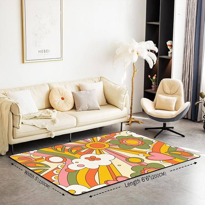 Erosebridal 60S 70S Hippie Area Rug 5'x6'6'' Vintage Boho Sun Carpet Groovy Flowers Clouds Love Hearts Decorative Rug for Kids Girls Teens,Abstract Vintage Floral Washable Rug for Bedside