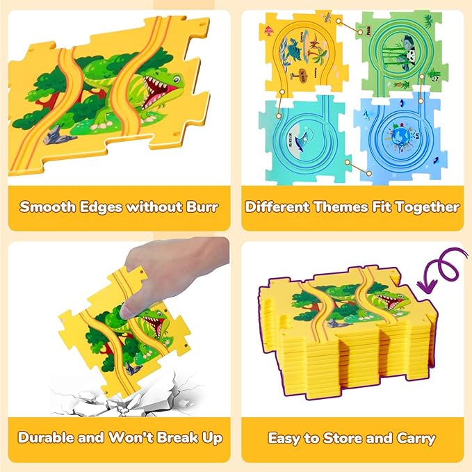 Puzzle Racer Kids Car Track Set, Kids Toys Boys 3-5, Toys for 2 3 4 5 6 Year Old Boys, Toys for Ages 2-4, Montessori Toys for 3+ Year Old, Fat Brain Toys(100Pcs, 4 Themes)