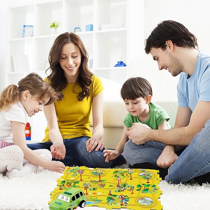 25PCS Puzzle Racer Kids Car Track Set, Dinosaur Jigsaw Puzzle Racer Car Track Set Puzzle Track Car Play Set Preschool Gifts for Kids Christmas Birthday Gift for Boys Girls