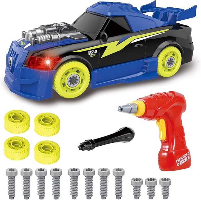 Pup Go Take Apart Toy Racing Car Sound Light, 2 in 1 Build Your Own Car, Drill & Power Tools, Gift Present Children Construction Building Toys for Age 3+ Year Old Boy Kids(4 Spare Screws Included)