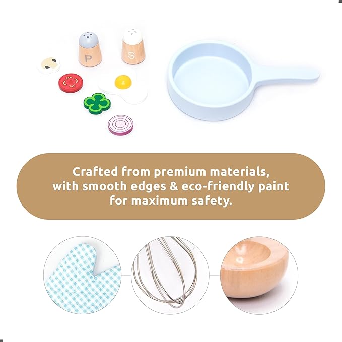 UMU® Wooden Kids Cooking Set – 18-Piece Pretend Play Kitchen Toy with Pots, Pans, Play Food, Utensils, Apron & Chef Hat – Montessori Role Play Set for Toddlers and Children Age 3 4 5 Years