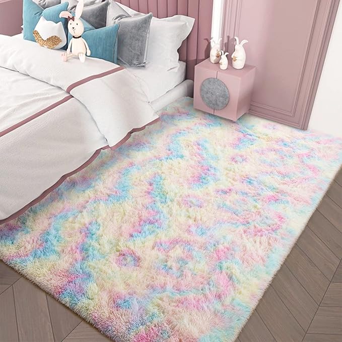 AROGAN Soft Rainbow Area Rugs for Girls Room 4x6 Feet, Fluffy Girls Bedroom Rugs, Princess Rug, Cute Colorful Carpet for Kids Teens Nursery Toddler, Pink