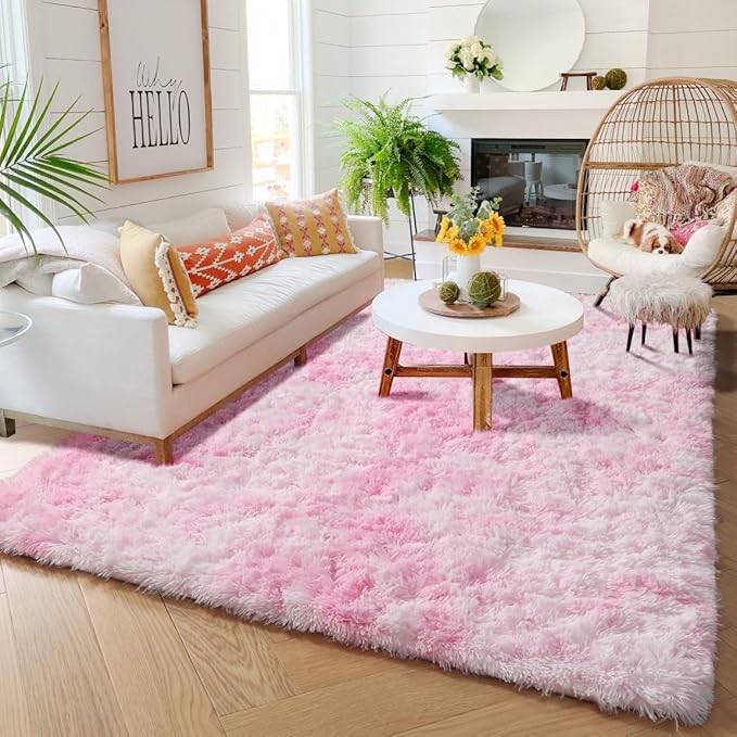 Amdrebio Tie-Dyed Pink and White Area Rugs for Girls Bedroom, Plush Kawaii Fuzzy Throw Princess Rug for Kids Room Playroom, Soft Fluffy Furry Shaggy Carpet for Nursery, 4x6, Cute Room Decor for Baby