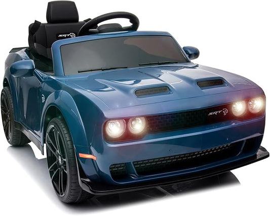 Kids Electric Car | Licensed Dodge Challenger Ride-On 12V Battery-Powered Vehicle with Remote, LED Lights, Bluetooth, MP3 for Boys and Girls, Blue
