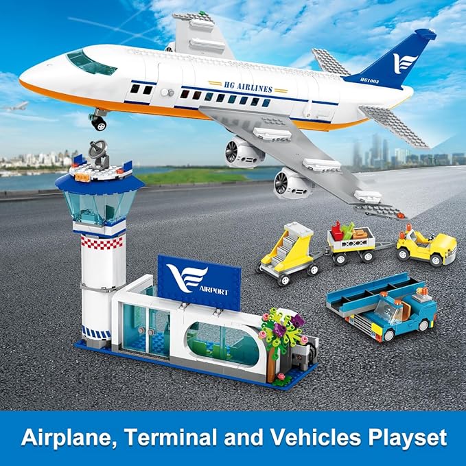 HOGOKIDS City Passenger Airplane Building Set with LED Light, 901 PCS Plane Building Blocks with Airport Terminal, Radar Tower, Luggage Trailer, Planes Model Toys Gifts for Adults Boys Girls Age 6-12+
