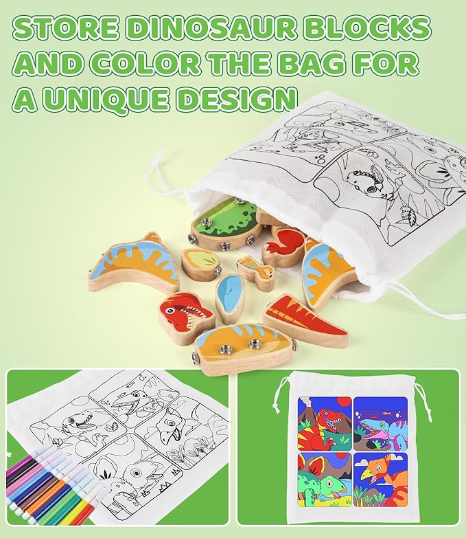 Dinosaur Wooden Toys,Snap on Dino Together Building Blocks,Take Apart Playset, STEM Montessori Educational Fine Motor Skill Learning Birthday Gift for 3 4 5 6+ Years Old Boy Girl Kids