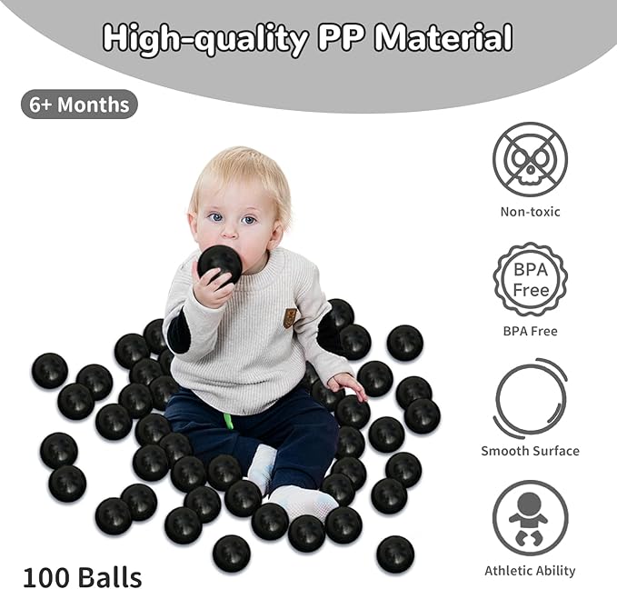Ball Pit Balls 100 Phthalate Free BPA Free Crush Proof 2.16 Inches Plastic Balls for Ball Pit Ideal Gift for Toddlers Babies Kids Pool Water Toys Play Tent, Black