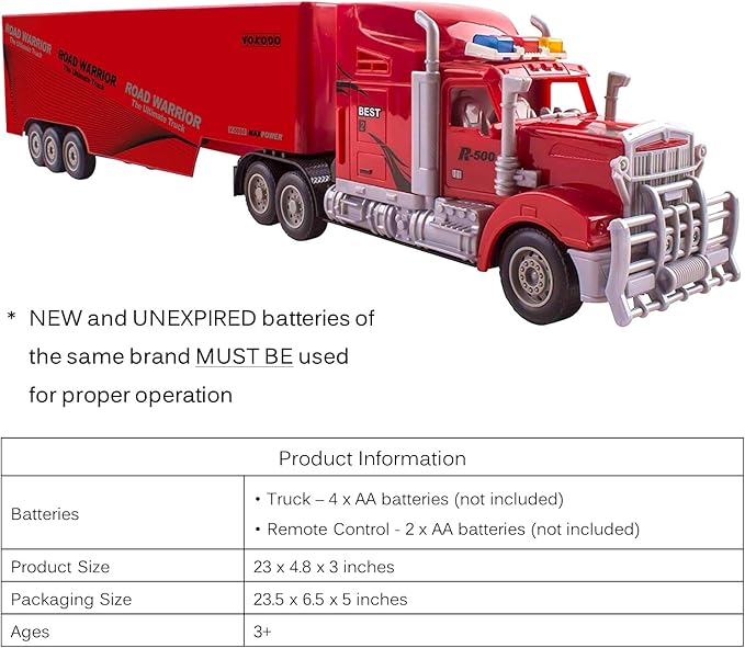 Vokodo RC Semi Truck and Trailer 23" with Lights Electric Hauler Remote Control Kids Big Rig Toy Carrier Van Transport Vehicle Ready to Run Semi-Truck Cargo Car Great Gift for Children Boys Girls Red