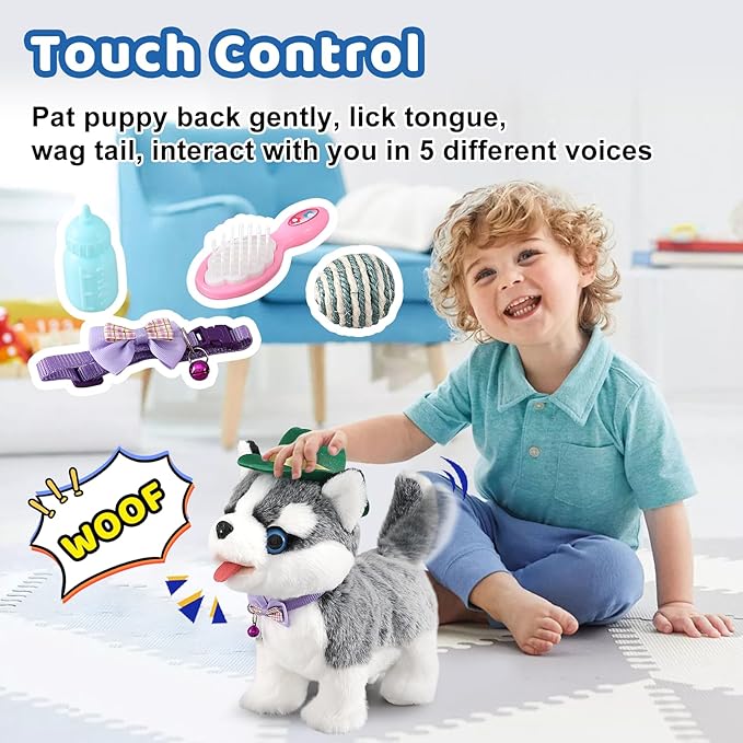 Walking Husky Barking Dog Toy for Child Kid Licking Talking Dog with Leash, Interactive Puppy that Barks Tail Wagging Plush Robot Dog Singing Electric Pet Pretend Dog Dress Up Christmas Boy Girl Gift