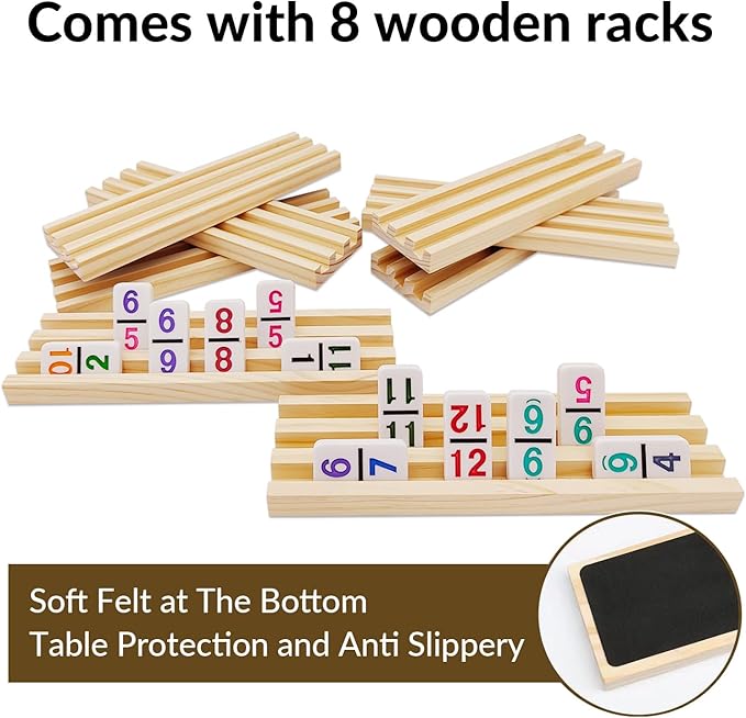 Mexican Train Dominoes Set with Numbers and 8 Wooden Trays/Racks, Double 12 Dominos Travel Set with 8 Tiles Holders, 91 Tiles Double 12 Colored Dominoes Game Set with Portable Case for Families Kids