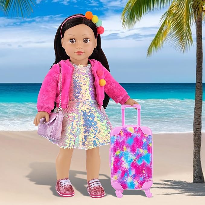 K.T. Fancy 18 Inch American Doll Clothes and Accessories, Doll Travel Suitcase Playset for Girls, Cute Travel Doll Clothes for 18 Inch Girl Doll(Not Include Doll & Shoes)