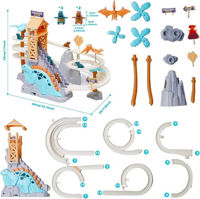 Dinosaur Chasing Race Track Game Set Double Loop Track Slide Toy Climb Stairs Toy Roller Coaster Toy with Music Educational Puzzle Playsets Gift for Toddler Kids Boys Girls Age 3+