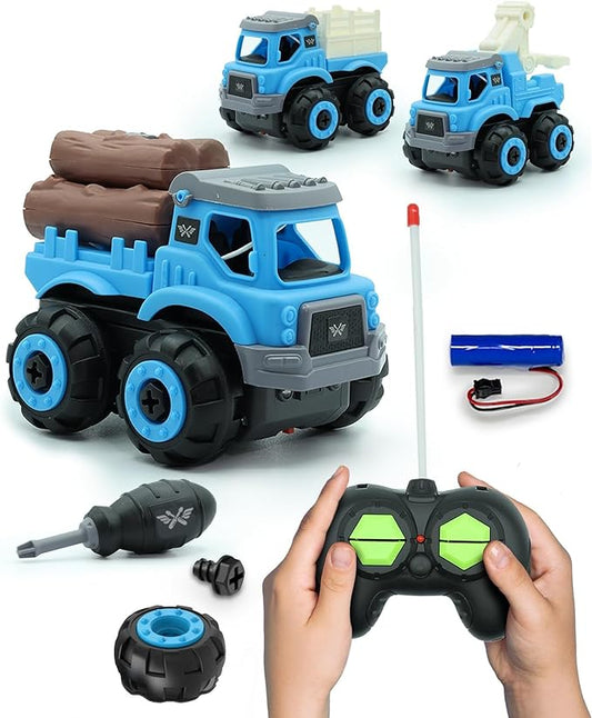 3-in-1 Build N Drive RC Truck - Take Apart Toy Building Kit for Boys - 20pc STEM Set, Car Building Toys for Kids 3-6 - Tow, Log Carrier and Cargo Trucks