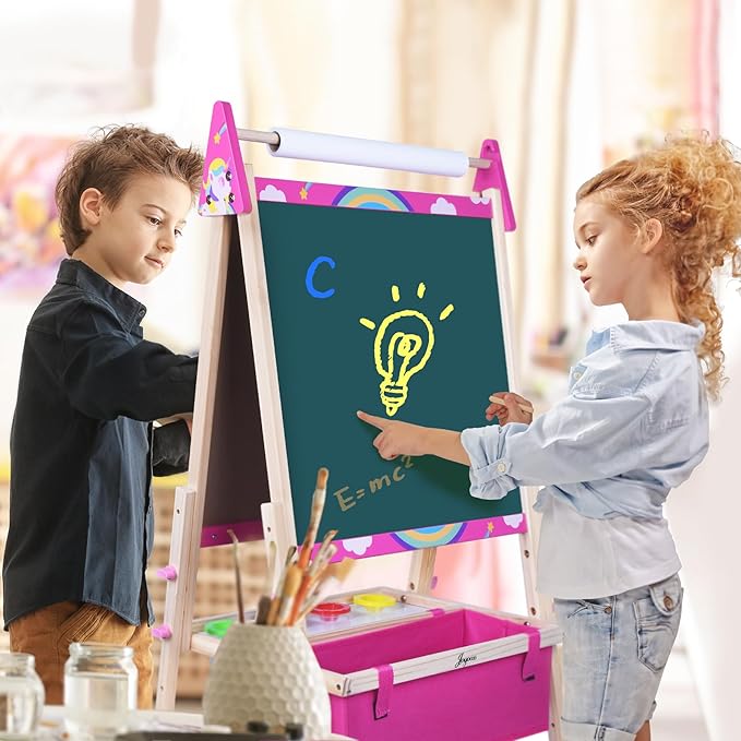 Joyooss Art Easel for Kids & Toddlers, Adjustable Painting Station - Wooden Easel with Whiteboard & Chalkboard for Ages 4-12