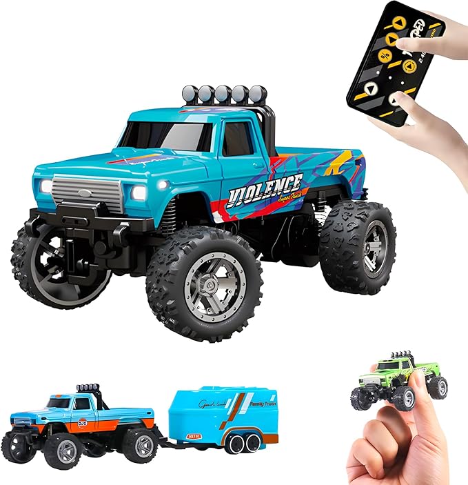 Atlodas Mini Rc Truck, Mini RC Monster Truck, 1:64 Scale Monster Truck Remote Control Car with Lights, 2.4Ghz Remote Control, Speed/Steering Adjustable (Blue-B)
