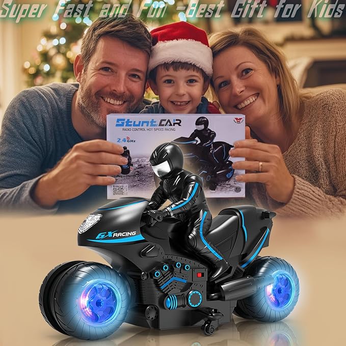 RC Motorcycle with LED Wheels, Remote Control Motorcycle 360° Spinning Wheels Stunt Motorbike - Rotating Drift 2WD High Speed Car Toys with Riding Figure - Gift for Kids Boys Girls - Blue