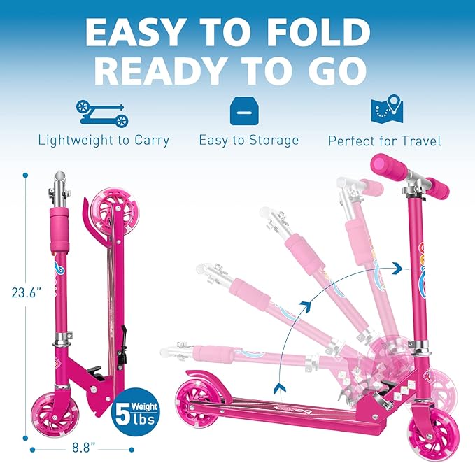 BELEEV V1 Scooters for Kids, 2 Wheel Folding Kick Scooter for Girls Boys, 3 Adjustable Height, Light Up Wheels, Lightweight Scooter with Sturdy Frame, Kickstand for Children 3 to 12 Years Old