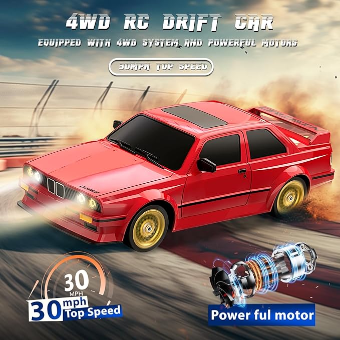RC Drift Car 2.4GHz 1:16 Scale 4WD 30KM/H High Speed Remote Control Cars Vehicle with LED Lights 2Pcs Rechargeable Batteries Drifting Tires Racing Sport Toy Cars for Adults Boys Girls Kids Gift